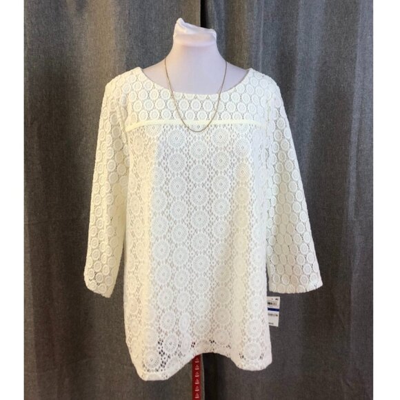 NWT Charter Club Ivory White Eyelet Overlay 3/4-Sleeve Shirt XL - Picture 1 of 7